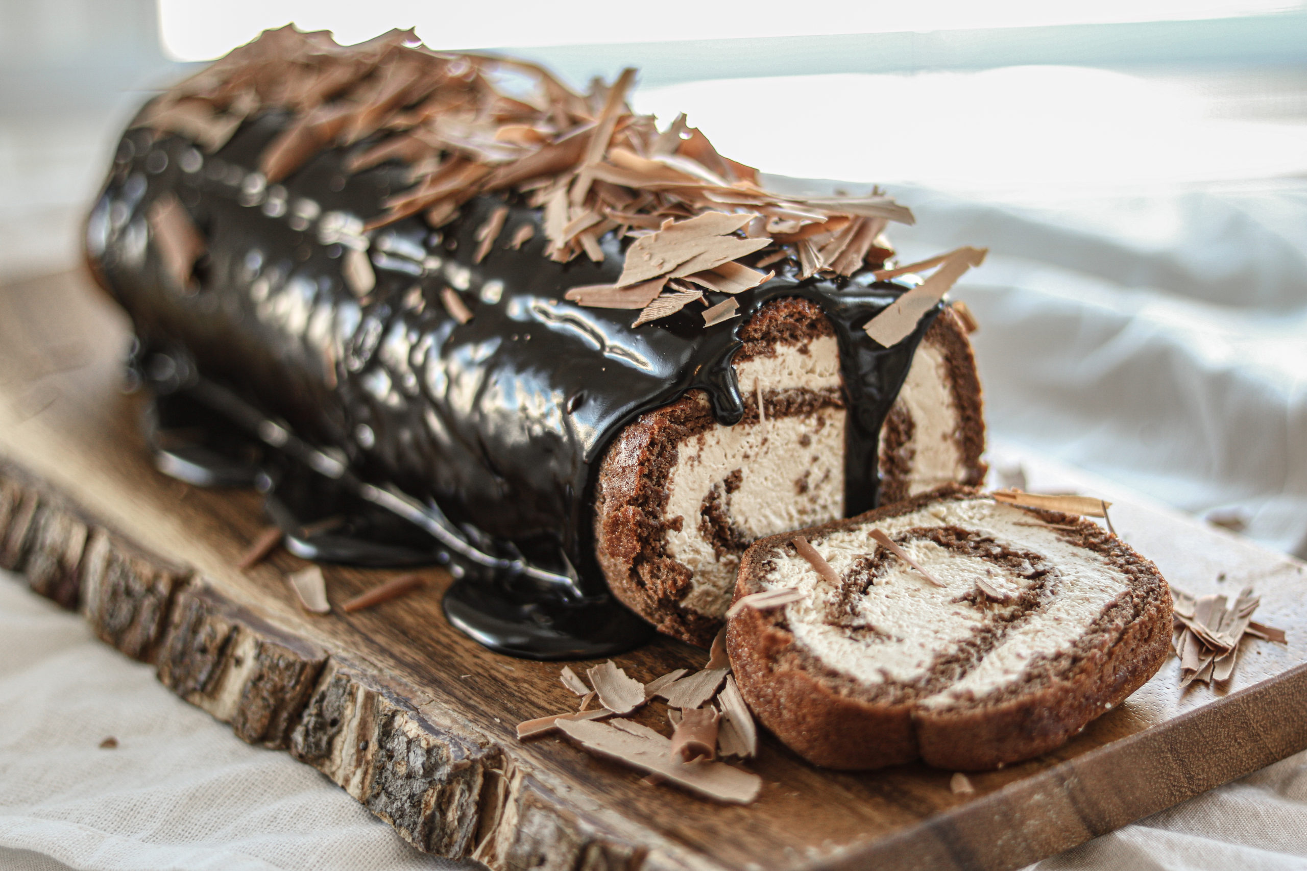 Chocolate Coffee Swiss Roll with Fudge Sauce - Sisters Sans Gluten