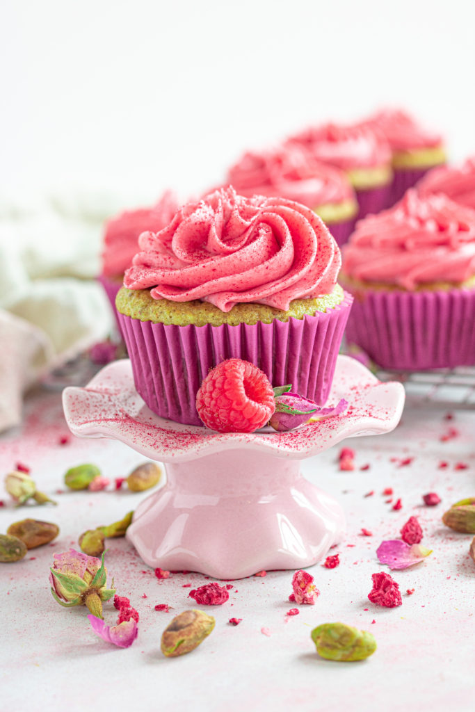 gluten free pistachio raspberry rose cupcakes by Sisters Sans Gluten