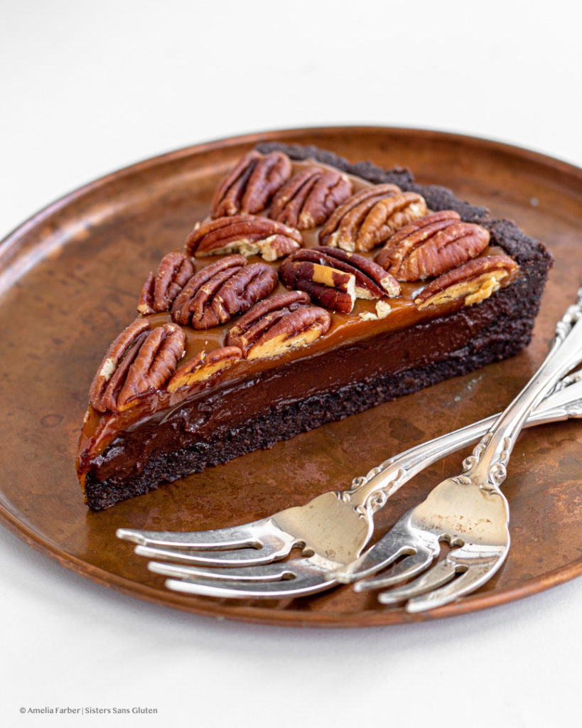 gluten free chocolate caramel pecan tart by sisters sans gluten