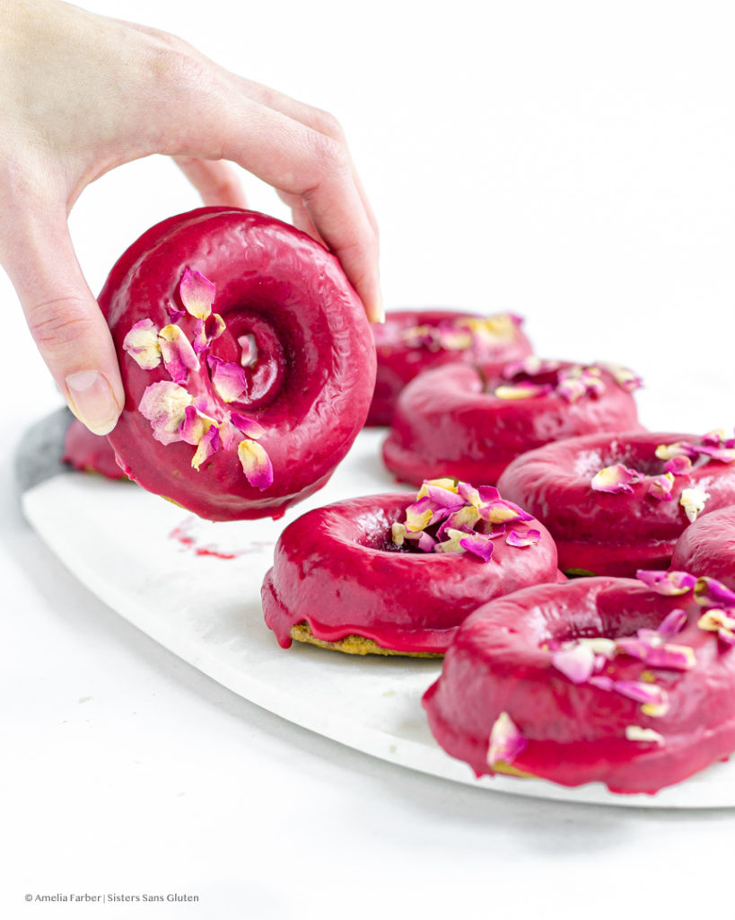 gluten free pistachio raspberry rose donuts by sisters sans gluten