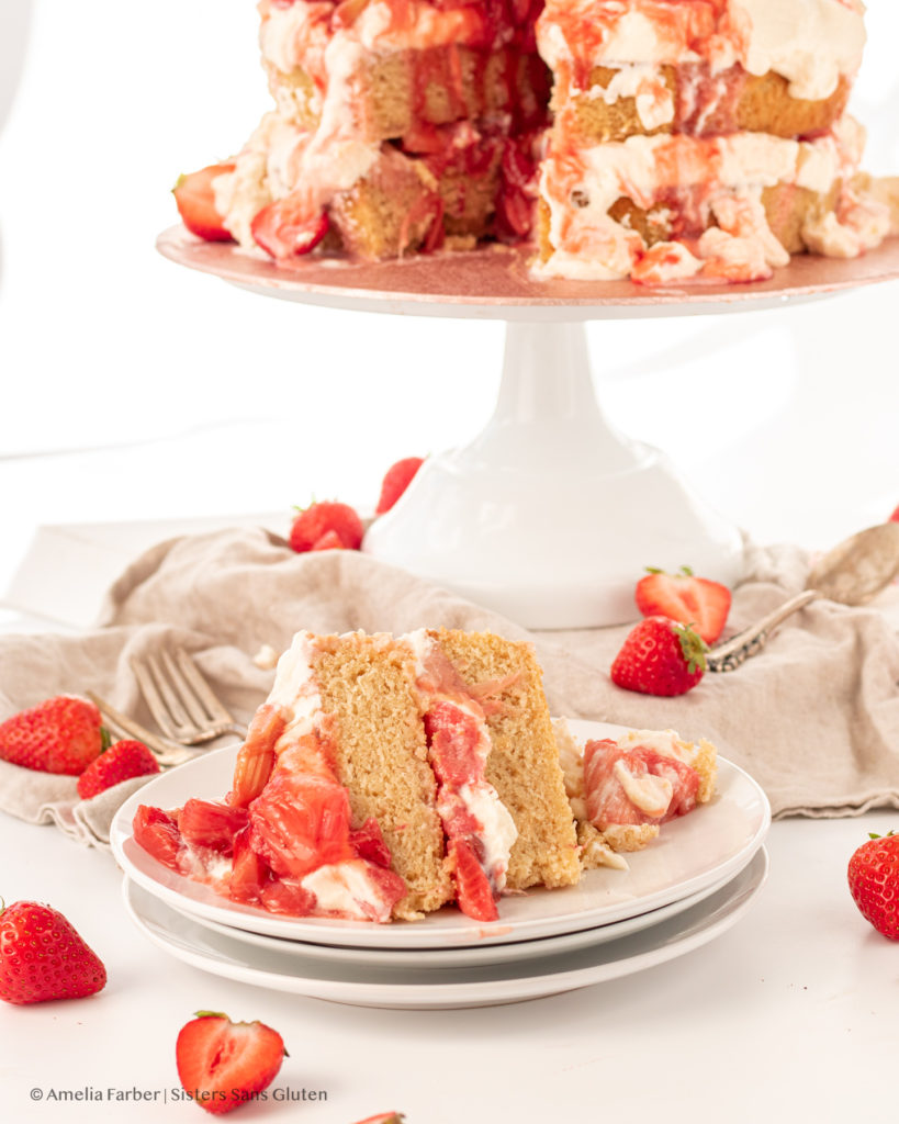 slice of gluten free strawberry rhubarb cake by Sisters Sans Gluten